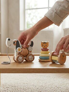Montessori Wooden Pull Along Dog Toy & Stacking Rings Gift Set New